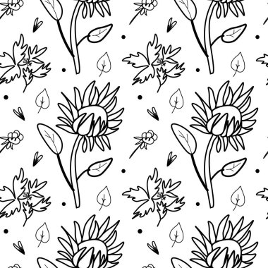 Kusursuz çiçek desenleri. Siyah ve beyaz kır çiçekleri. Tek renkli çiçek desenli vektör botaniği. Tekstil, kumaş, ambalaj kağıdı, sosyal medya ve web için dizayn edilmiş..