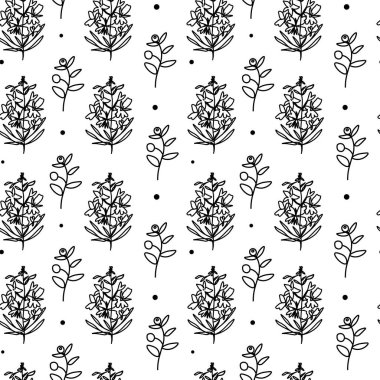 Kusursuz çiçek desenleri. Siyah ve beyaz kır çiçekleri. Tek renkli çiçek desenli vektör botaniği. Tekstil, kumaş, ambalaj kağıdı, sosyal medya ve web için dizayn edilmiş..