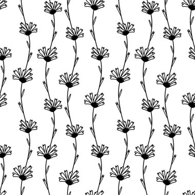 Kusursuz çiçek desenleri. Siyah ve beyaz kır çiçekleri. Tek renkli çiçek desenli vektör botaniği. Tekstil, kumaş, ambalaj kağıdı, sosyal medya ve web için dizayn edilmiş..