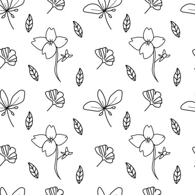 Kusursuz çiçek desenleri. Siyah ve beyaz kır çiçekleri. Tek renkli çiçek desenli vektör botaniği. Tekstil, kumaş, ambalaj kağıdı, sosyal medya ve web için dizayn edilmiş..