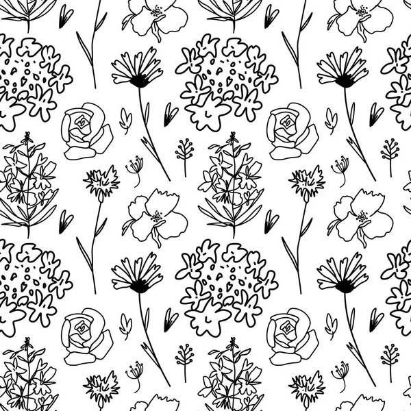 Seamless Floral Pattern Black White Wildflower Vector Botanical Monochrome Flowers — Stock Vector