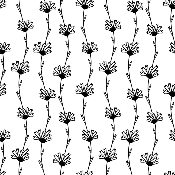 Patrón Floral Inconsútil Flores Silvestres Blanco Negro Vector Botánico Con — Archivo Imágenes Vectoriales