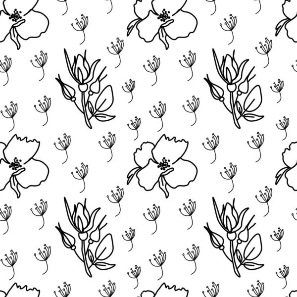 Bezešvé Květinový Vzor Černá Bílá Wildflower Vektorové Botanické Monochromatické Květiny — Stockový vektor