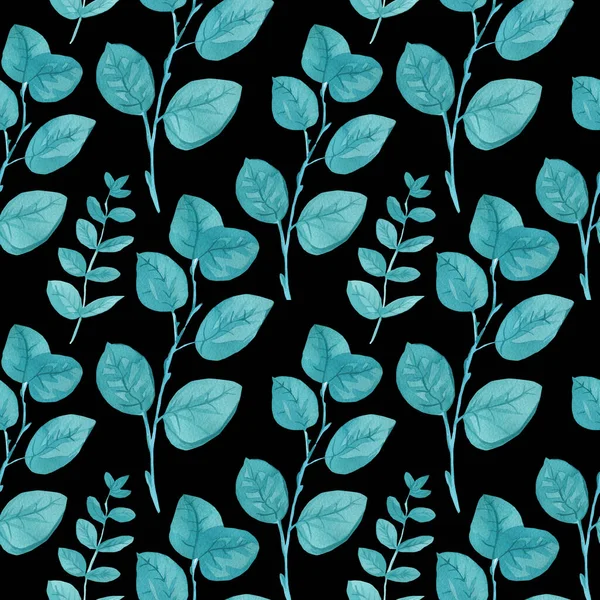 水彩画无缝图案与蓝绿色桉树在黑色孤立的手绘背景 用于纺织品 包装纸 包装材料 社交媒体的设计 — 图库照片