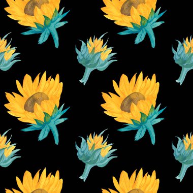 Siyah izole edilmiş arka planda sarı ayçiçekleri olan suluboya desenler. Botanik, düğün baskısı el boyası. Tekstil, kumaş, ambalaj kağıdı, sosyal medya için tasarımlar..