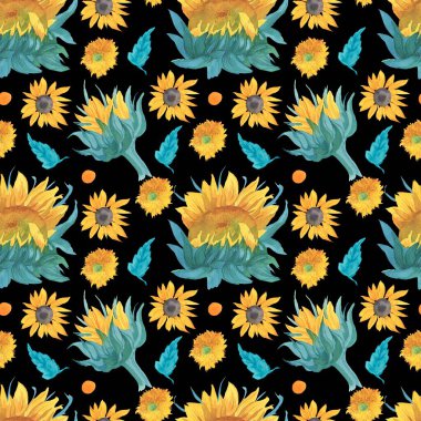 Siyah izole edilmiş arka planda sarı ayçiçekleri olan suluboya desenler. Botanik, düğün baskısı el boyası. Tekstil, kumaş, ambalaj kağıdı, sosyal medya için tasarımlar..
