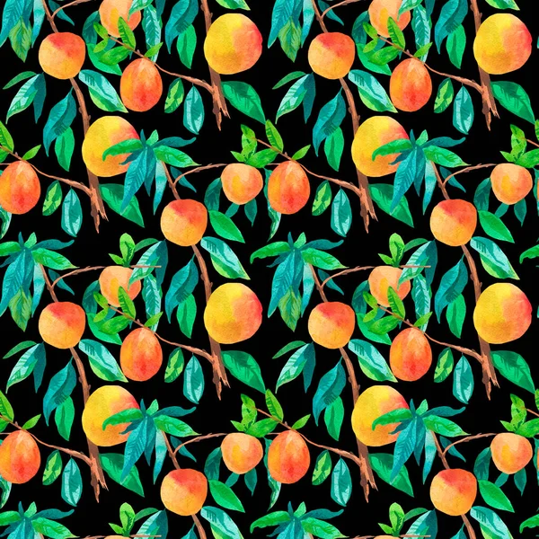 Watercolor Seamless Pattern with Orange Peaches,leaves on black isolated background doodle style.Fruits print  hand drawn.Designs for wrapping paper,fabric,scrapbook paper,textiles,packaging,wallpaper