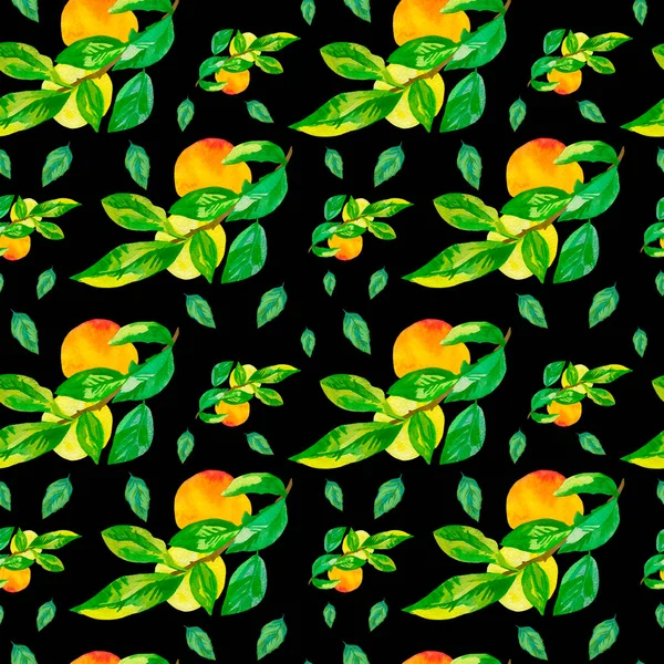 オレンジ色の桃と水彩シームレスパターン 黒の隔離された背景ドアスタイルに葉 フルーツプリント手描き 包装紙のためのデザイン スクラップブック紙 — ストック写真