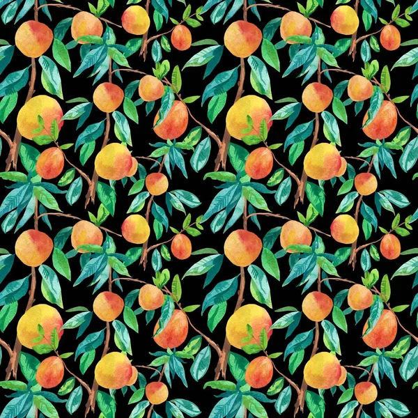 オレンジ色の桃と水彩シームレスパターン 黒の隔離された背景ドアスタイルに葉 フルーツプリント手描き 包装紙のためのデザイン スクラップブック紙 — ストック写真