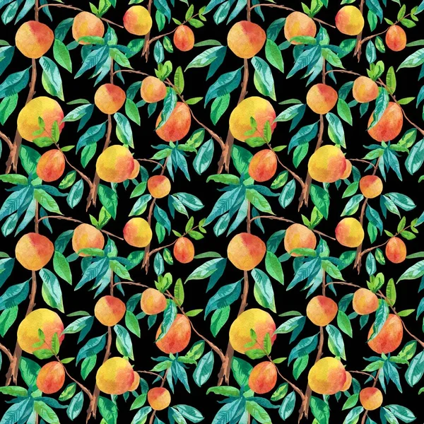 Watercolor Seamless Pattern with Orange Peaches,leaves on black isolated background doodle style.Fruits print  hand drawn.Designs for wrapping paper,fabric,scrapbook paper,textiles,packaging,wallpaper