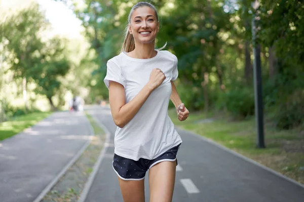 Woman Running Asphalt Road Summer Park Active Sporty Caucasian Female — Stock Photo, Image