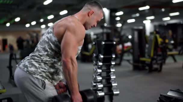 Muscular atlético culturista fitness modelo de pie tríceps de entrenamiento levantar pesas en el gimnasio interior — Vídeos de Stock