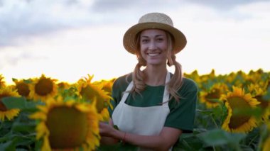 Tarımsal ayçiçeği tarlasında dikilen kadın tarımcı beyaz kadın çiftçi hasır şapka. Tarım işçisi.