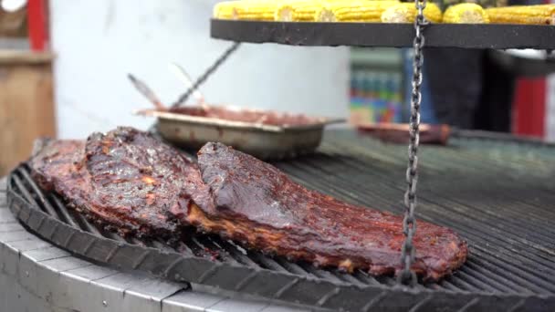 Gatuförsäljare grillning diverse BBQ kött korv och grönsaker — Stockvideo