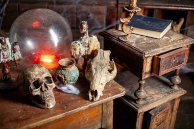 Cadılar Bayramı arkaplan rafları simya aletleriyle Kafatası örümcek ağı şişesi zehirli mumlarla cadıların çalışma odası