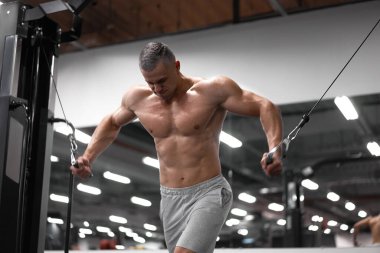 Kas yığını atletik vücut geliştirici fitness ekipmanları üzerinde göğüs ve omuz kasları spor kablo makinesi sağlıklı yaşam tarzı Erkek spor makinesi üzerinde uçuş egzersizleri yapar