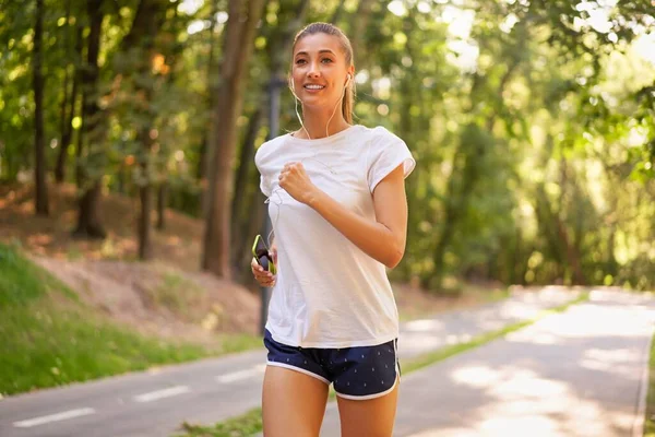 Woman Running Asphalt Road Summer Park Active Sporty Caucasian Female — Stock Photo, Image
