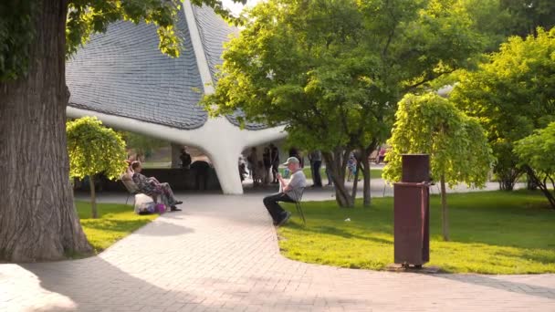 Ukraine, Kharkov May 2021 Senior man sitting chair city park warm summer day — Stock Video