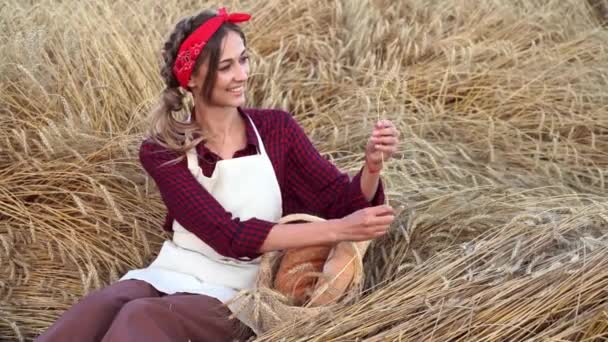 Agricultor feminino sentado trigo campo agrícola Mulher padeiro segurando vime cesta pão produto — Vídeo de Stock