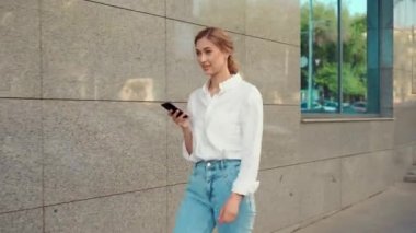 Businesswoman Successful Woman Business Person Hurry Walking Outdoor Corporate Building Exterior. Smiling Caucasian Confidence Professional Business Woman Middle Age 