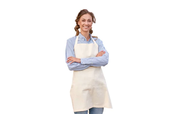 女性の服装エプロン白い背景白人中年女性ビジネスオーナーで制服手にハッピー1人笑顔広告する時間中小企業 — ストック写真