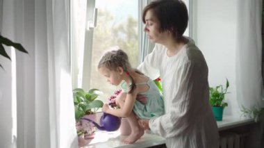 Anne Çiçekleri Sulayan Küçük Kız Ficus Pencere Pervazı