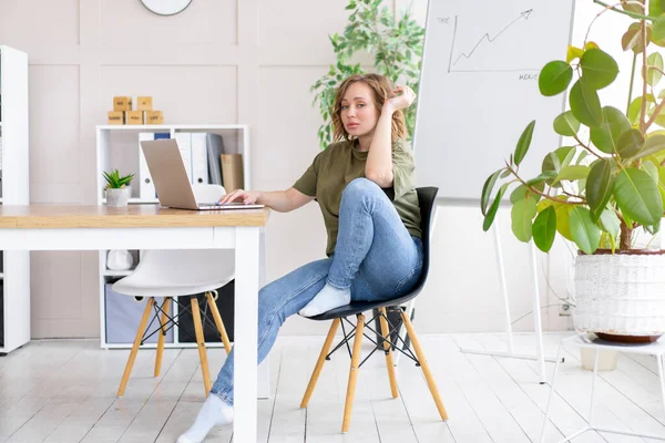 Kadını Dizüstü Bilgisayarını Masa Başı Beyaz Ofisini Bitkisi Görünümlü Adamlarıyla — Stok fotoğraf