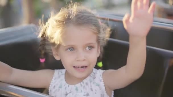 Child Ride Carousel Amusement Park Summer Day Hands Up — Stok Video