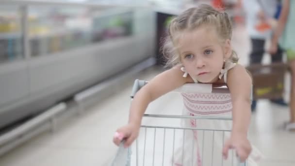 Смешной милый ребенок толкает корзину в супермаркете — стоковое видео