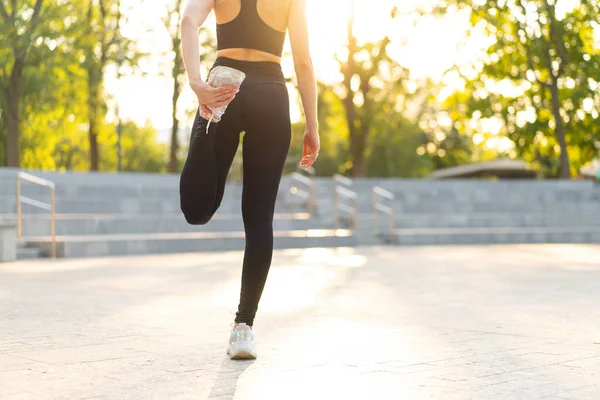 Woman Runner Stretching Legs Exercising Summer Park Morning Middle Age — Stock Photo, Image