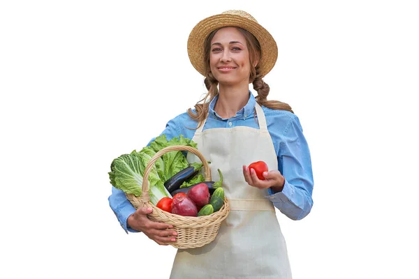 女性はエプロン白い背景に身を包んだ農家の野菜バスケット農業の概念白人中年女性ビジネスオーナー制服で幸せな一人笑顔時間を宣伝するバナー — ストック写真