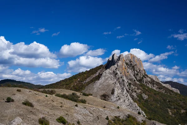 Landscape with yellow and green trees against mountains and the — Stock Photo, Image