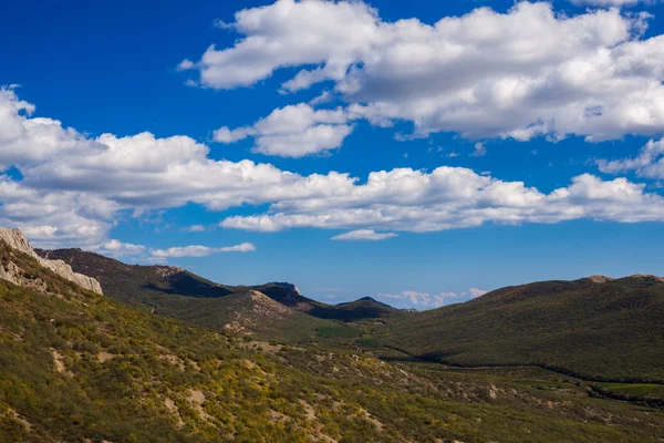 Bergstoppen med grönska på himmel bakgrund — Stockfoto