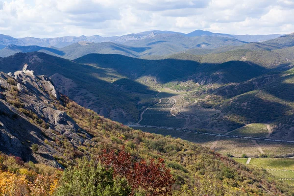 Paesaggio con alberi gialli e verdi contro le montagne e il — Foto Stock