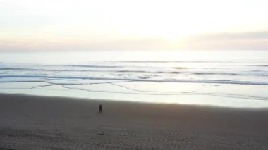 Güneşin doğuşunda kumların üzerinde dalgaların hafifçe süzüldüğü sakin bir sahilin drone görüntüsü. Sakin okyanus, pastel gökyüzü ve kıyı şeridi sakin doğal kıyı manzarası yaratır.