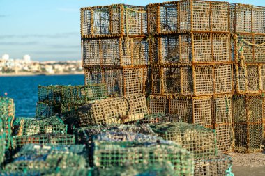 Yığınla yengeç kapanı, sabahın erken saatlerinde parlayan suların kenarına yerleştirilmiştir. Çevre barışçıl bir kıyı ortamını yansıtıyor, yengeç avlama faaliyetleri için mükemmel..