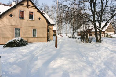 Winter view of the yard, cleared path to the house, deep snow all around.