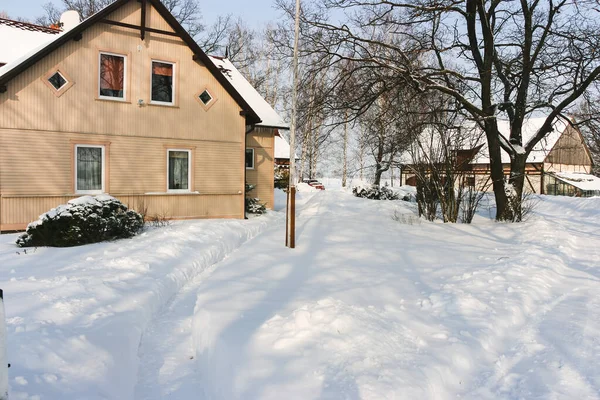 Winter view of the yard, cleared path to the house, deep snow all around.