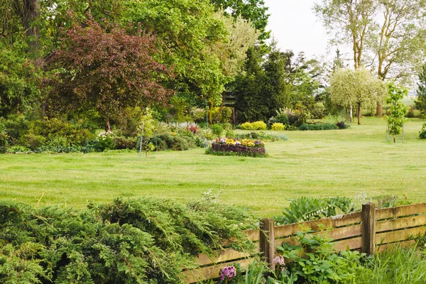 Paysage Jardin Décoratif Été Premier Plan Trouve Une Clôture Bois — Photo