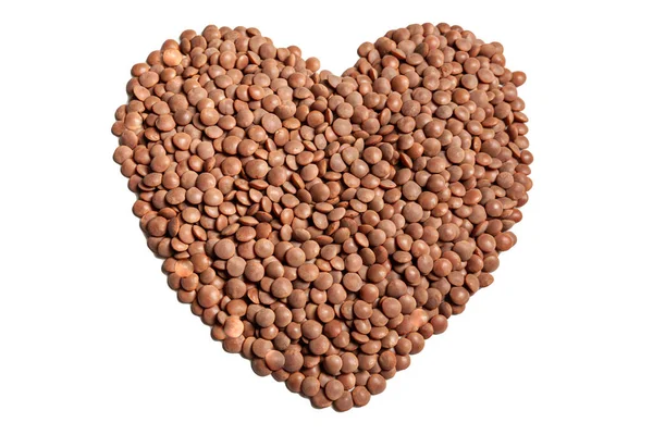 Brown lentil beans in shape of heart isolated on white background — Stock Image Brown Lentil Beans Shape Heart Isolated White Background Stock Image