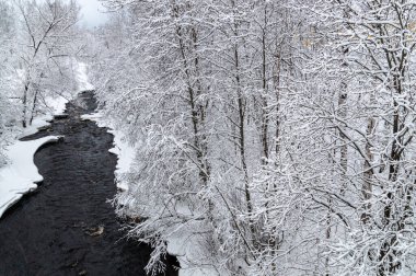 Dondurulmamış bir nehri olan güzel bir kış manzarası. Yüksek kalite fotoğraf