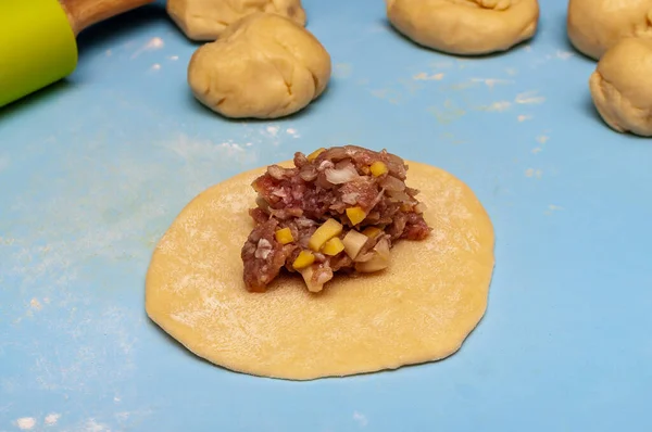 生面团和肉馅 做馅饼或饺子的过程 高质量的照片 — 图库照片