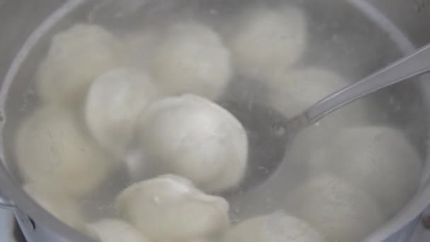 用勺子搅拌 用平底锅煮饺子 — 图库视频影像