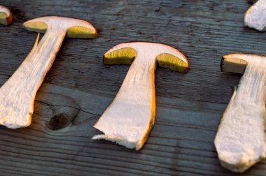 Taze yenilebilir mantarlar kurutulmaya hazırdır. Ahşap arka planda mantarlar. Seçici odak