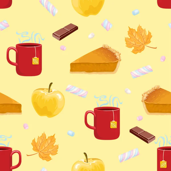 秋天的图案与红茶 南瓜饼 棉花糖 巧克力 苹果和枫叶 卡通平面风格的矢量图解 — 图库矢量图片
