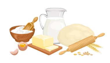 Yemek malzemeleri seti. Taze hamur, kasede un, süt, tereyağı, yumurta, merdane ve beyaz arka planda izole edilmiş buğday tokası. Çizgi film düz tarzında vektör gıda çizimi.