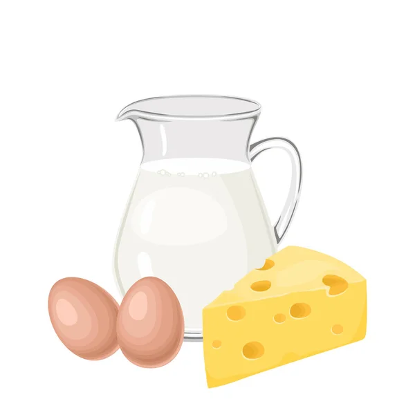Сир Яйця Скляний Глечик Молоком Ізольовані Білому Тлі Векторна Ілюстрація — стоковий вектор
