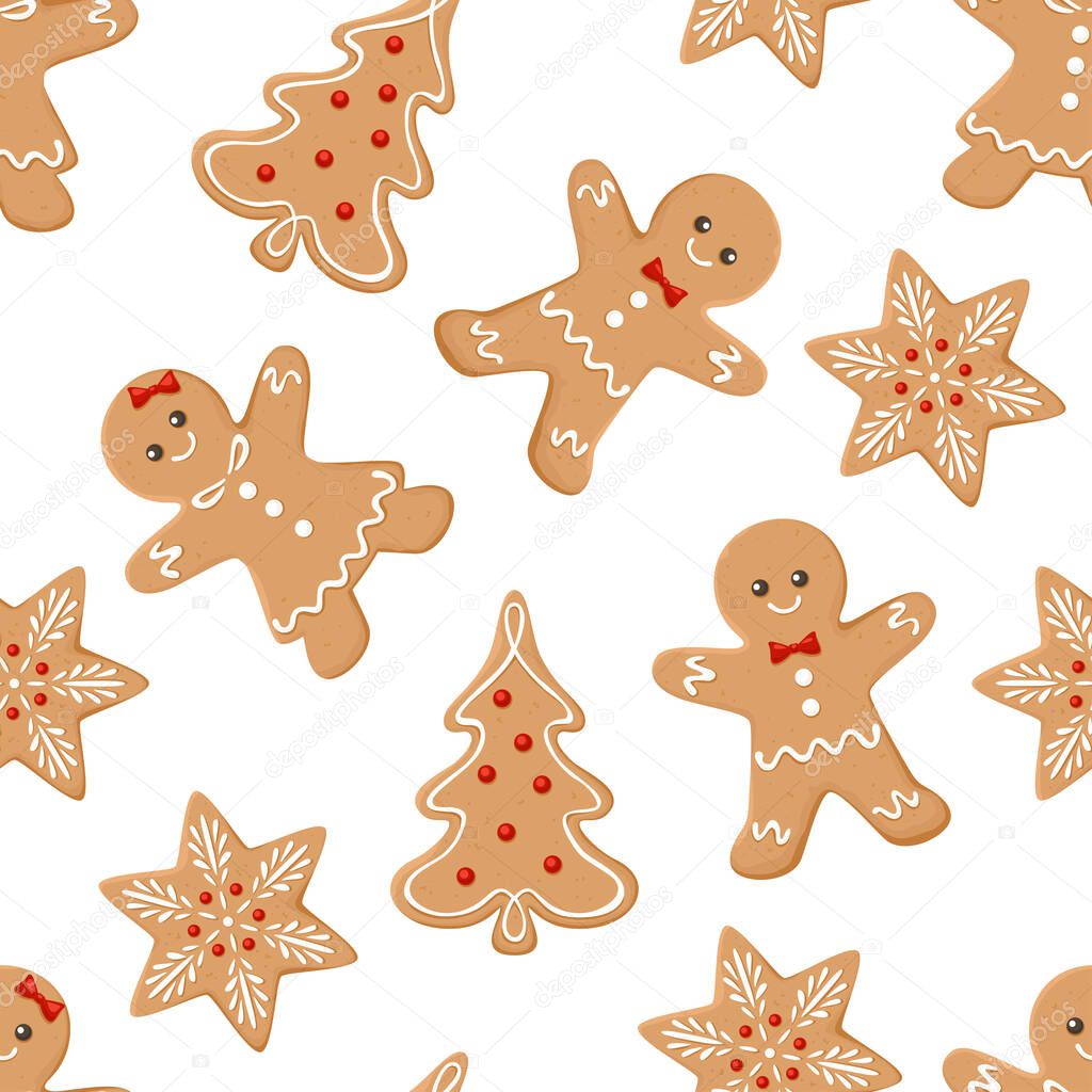 Gingerbread men, snowflakes and Christmas trees seamless pattern. Christmas or New Year background. Festive baked, cute design. 