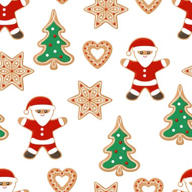 Zencefilli kurabiyeli Noel arkaplanı. Noel Baba, Noel ağacı, kalp ve kar taneleri pürüzsüz desen. Çizgi film düz stiliyle vektör illüstrasyonu.