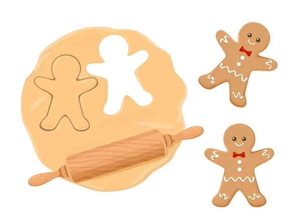 Cooking Gingerbread Men Raw Dough Rolling Pin Gingerbread Cookies Christmas — Stock Vector